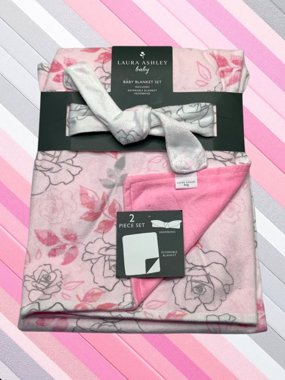 NWT Laura Ashley Flowers Floral Baby Blanket and Headband 2 piece Set Mink Minky